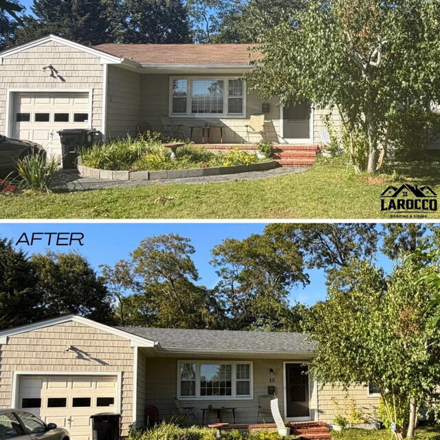Before and after of our recent Bay Shore, NY roof replacement.