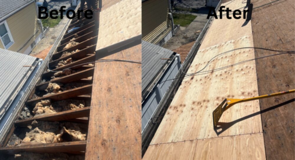 Before and after: rotted roof decking cut out and replaced with new plywood in Jamaica, Queens