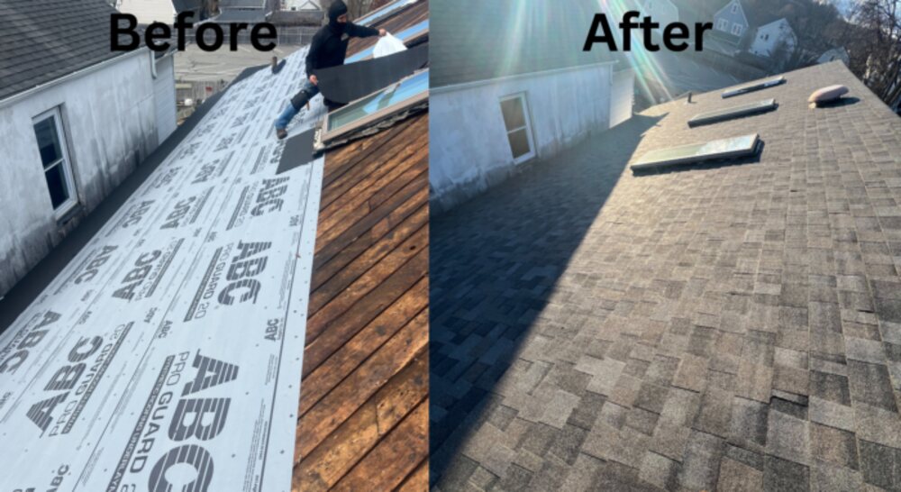 Roofer inspecting the surface of a Long Island roof